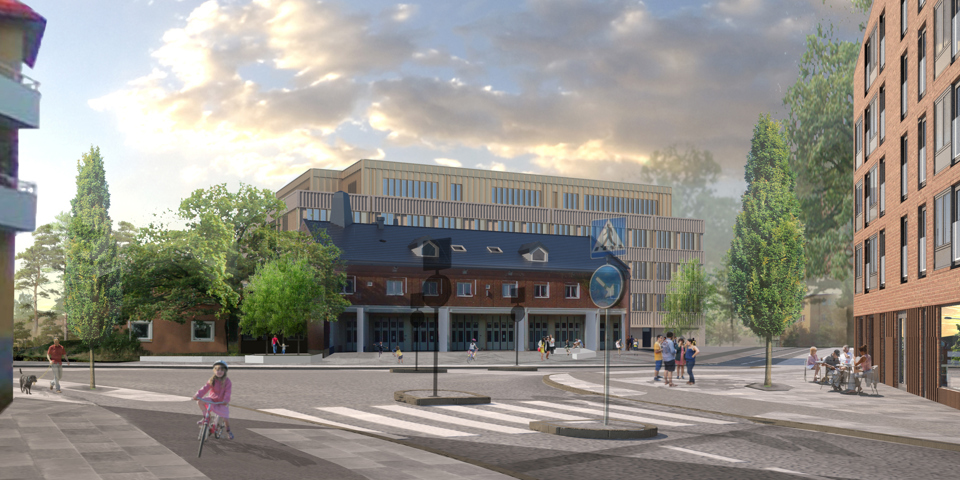 Korsning, vy mot en vagnhall, människor i rörelse, illustration.